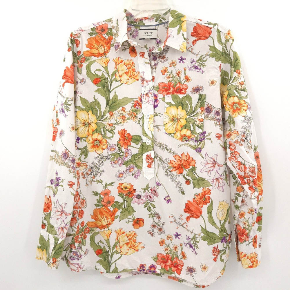 J.Crew Collection Ratti Popover Shirt Women 8 White Floral Tropical Cotton Boho